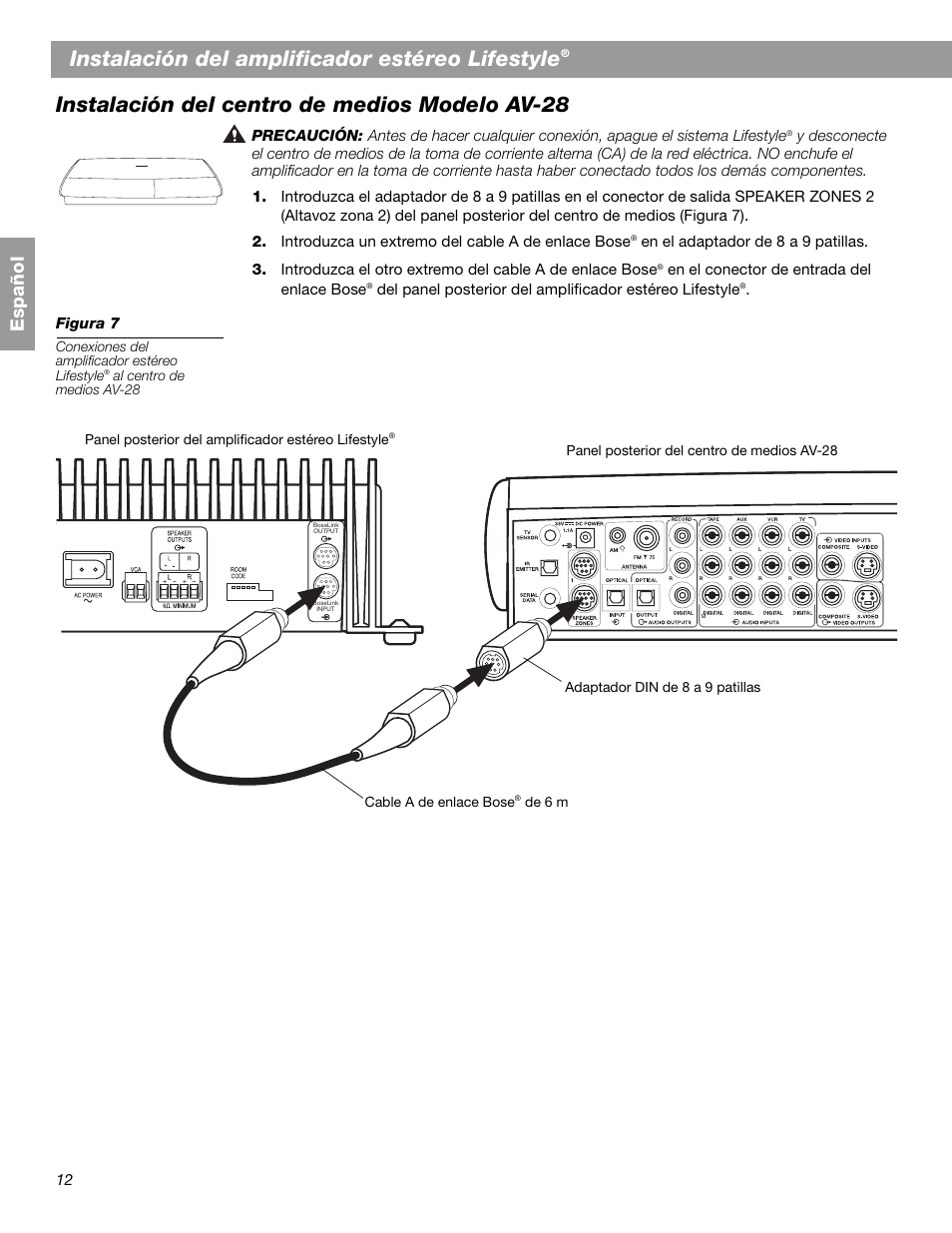 Instalación del amplificador estéreo lifestyle, Instalación del centro de medios modelo av-28, Español | Bose SA-2 User Manual | Page 42 / 88