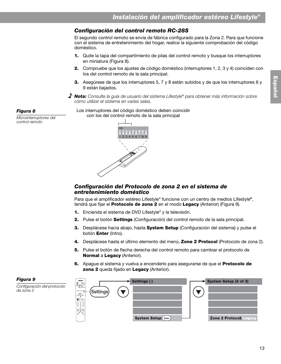 Instalación del amplificador estéreo lifestyle, Es pa ñol configuración del control remoto rc-28s | Bose SA-2 User Manual | Page 43 / 88