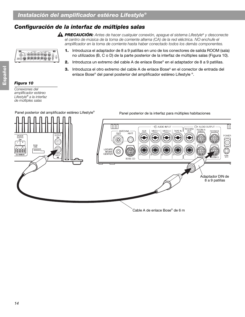 Instalación del amplificador estéreo lifestyle, Configuración de la interfaz de múltiples salas, Español | Bose SA-2 User Manual | Page 44 / 88