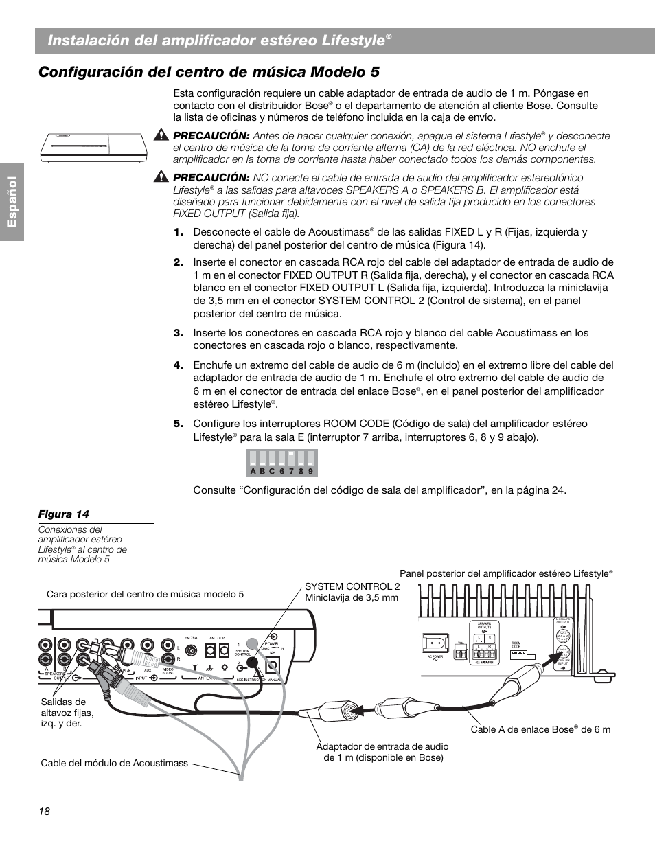 Instalación del amplificador estéreo lifestyle, Configuración del centro de música modelo 5, Español | Bose SA-2 User Manual | Page 48 / 88