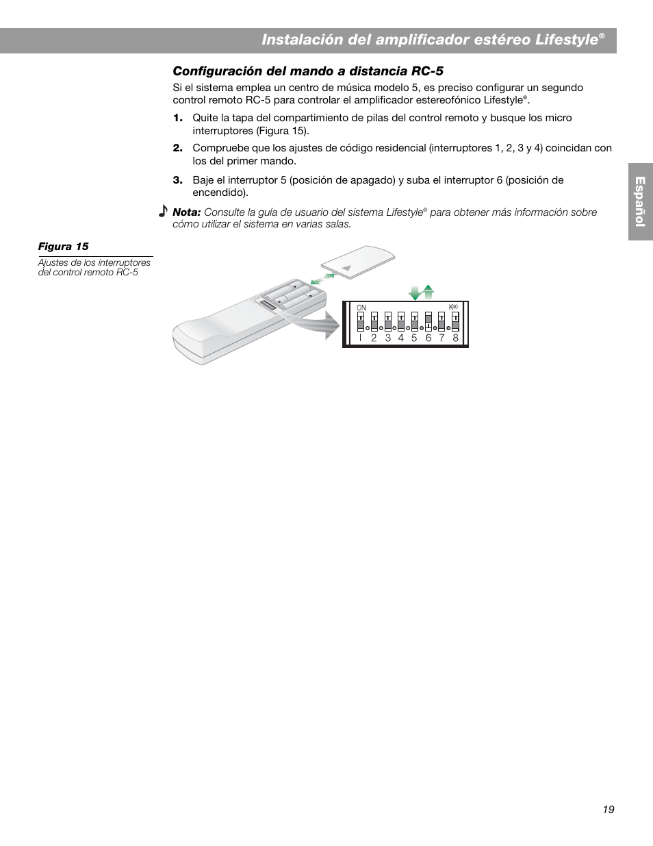 Instalación del amplificador estéreo lifestyle, Es pa ñol configuración del mando a distancia rc-5 | Bose SA-2 User Manual | Page 49 / 88