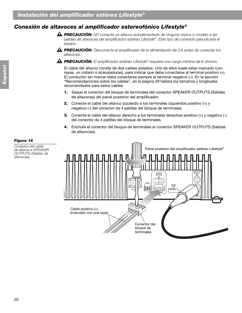 Instalación del amplificador estéreo lifestyle, Español | Bose SA-2 User Manual | Page 50 / 88