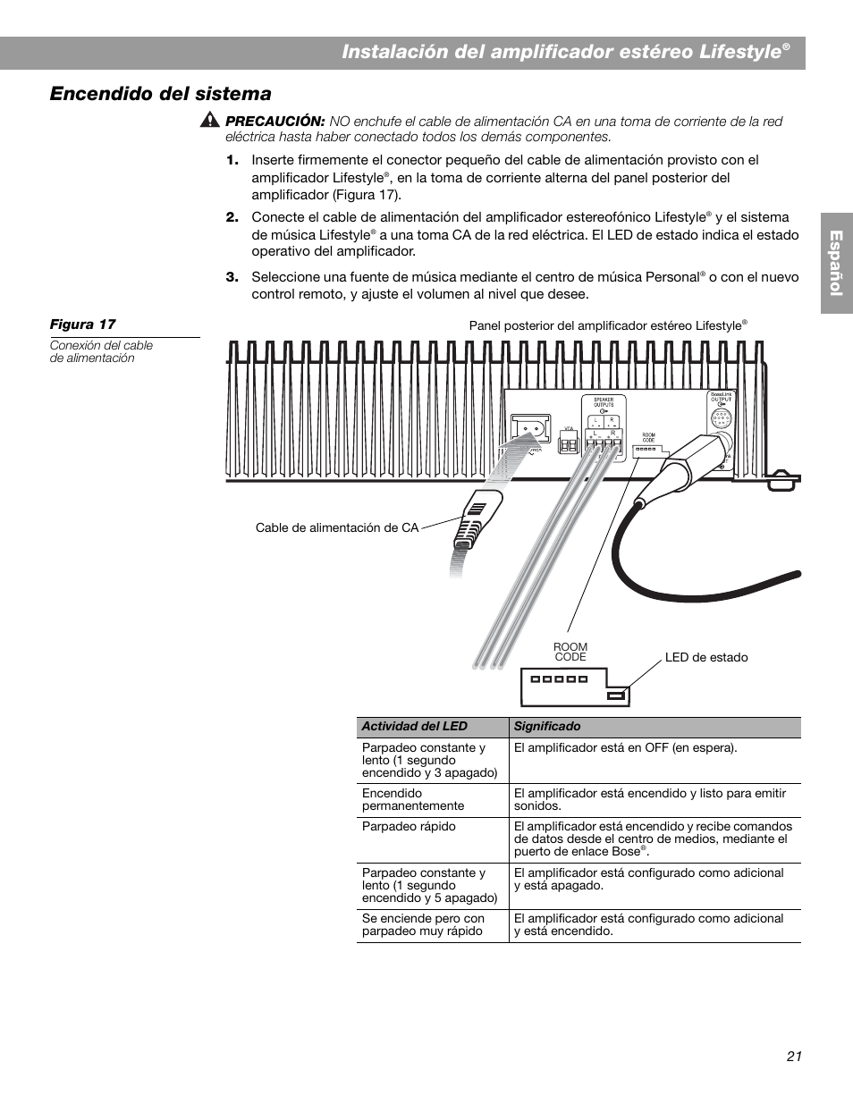 Instalación del amplificador estéreo lifestyle, Encendido del sistema, Es pa ñol | Bose SA-2 User Manual | Page 51 / 88
