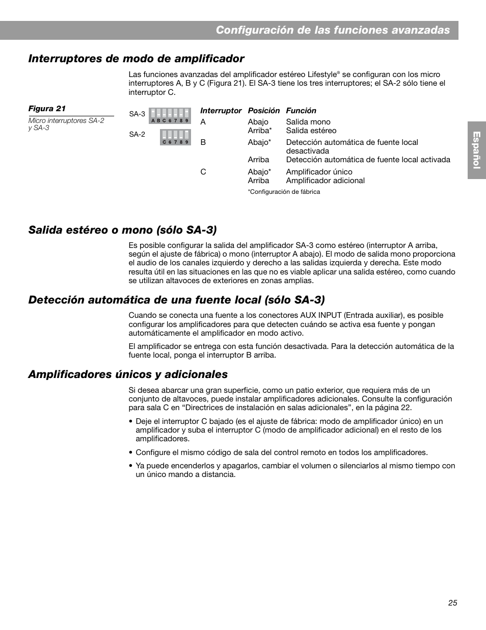 Salida estéreo o mono (sólo sa-3), Amplificadores únicos y adicionales | Bose SA-2 User Manual | Page 55 / 88
