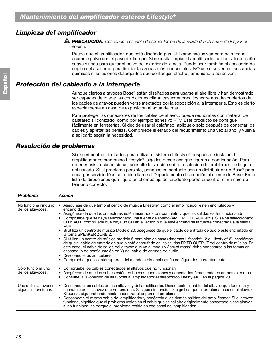 Mantenimiento del amplificador estéreo lifestyle, Limpieza del amplificador, Protección del cableado a la intemperie | Resolución de problemas, Español | Bose SA-2 User Manual | Page 56 / 88