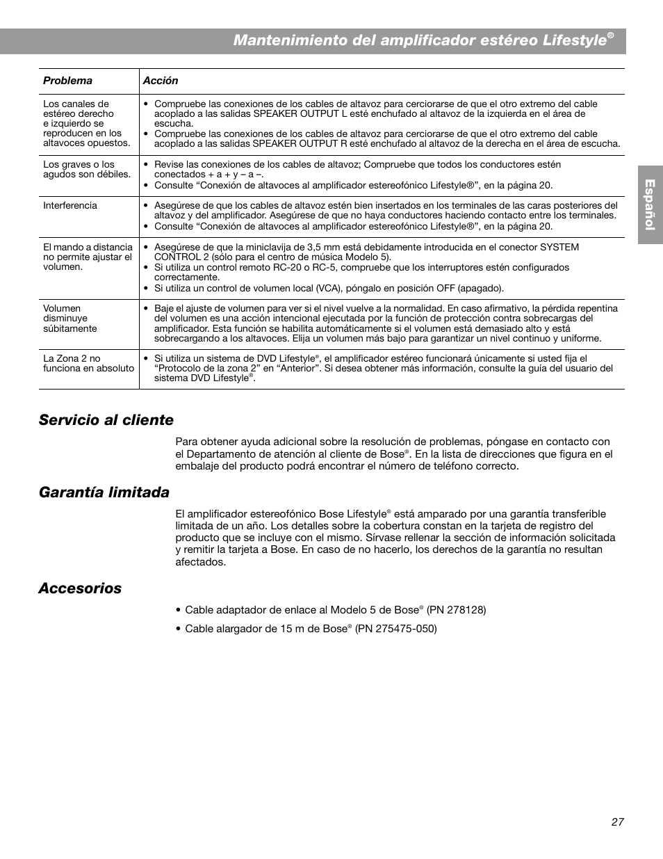 Mantenimiento del amplificador estéreo lifestyle, Servicio al cliente, Garantía limitada | Accesorios, Es pa ñol | Bose SA-2 User Manual | Page 57 / 88