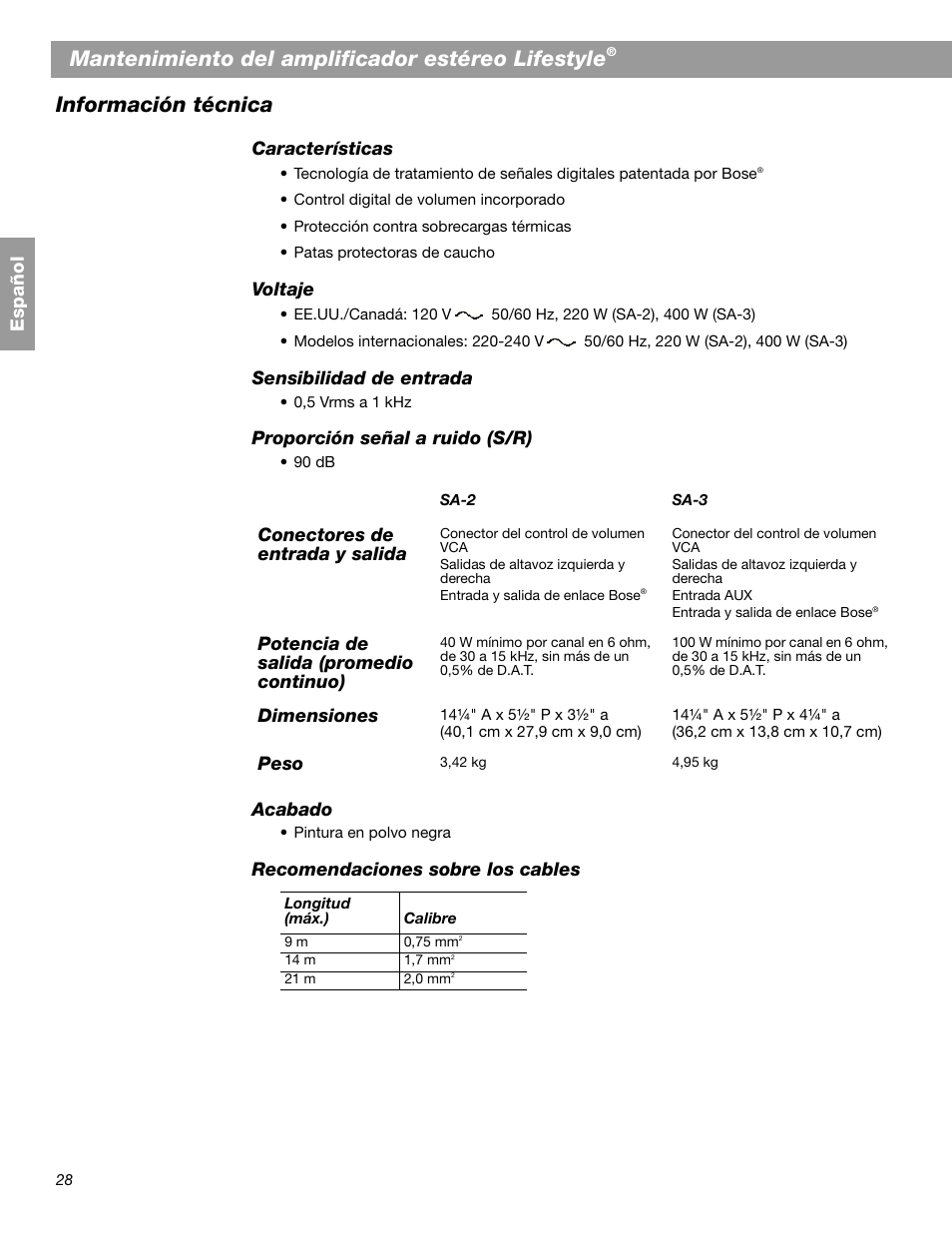 Mantenimiento del amplificador estéreo lifestyle, Información técnica | Bose SA-2 User Manual | Page 58 / 88
