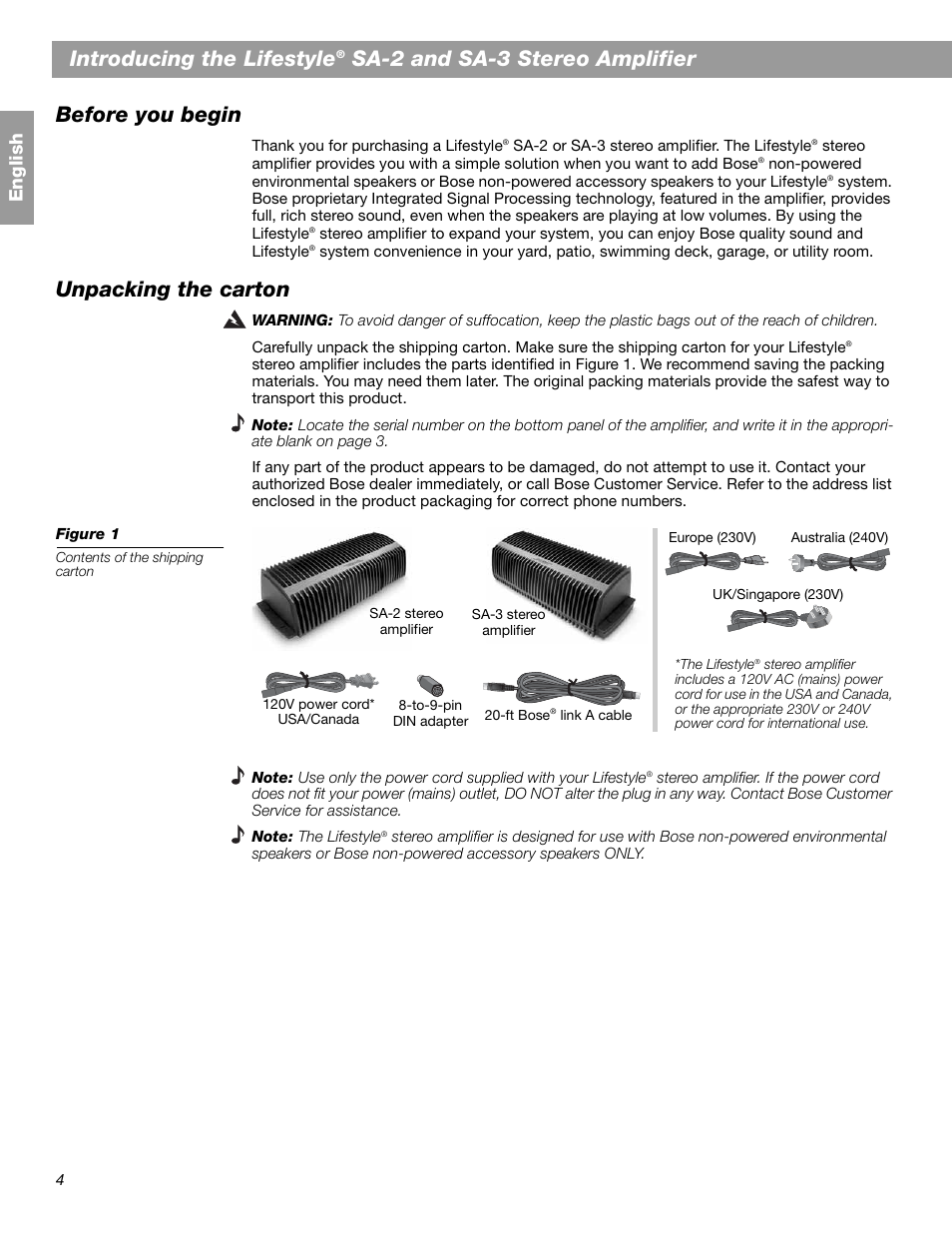 Introducing the lifestyle, Sa-2 and sa-3 stereo amplifier before you begin, Unpacking the carton | En glis h | Bose SA-2 User Manual | Page 6 / 88