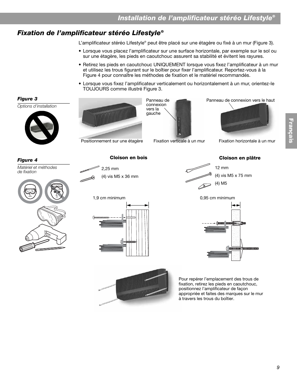 Installation de l’amplificateur stéréo lifestyle, Fixation de l’amplificateur stéréo lifestyle | Bose SA-2 User Manual | Page 67 / 88
