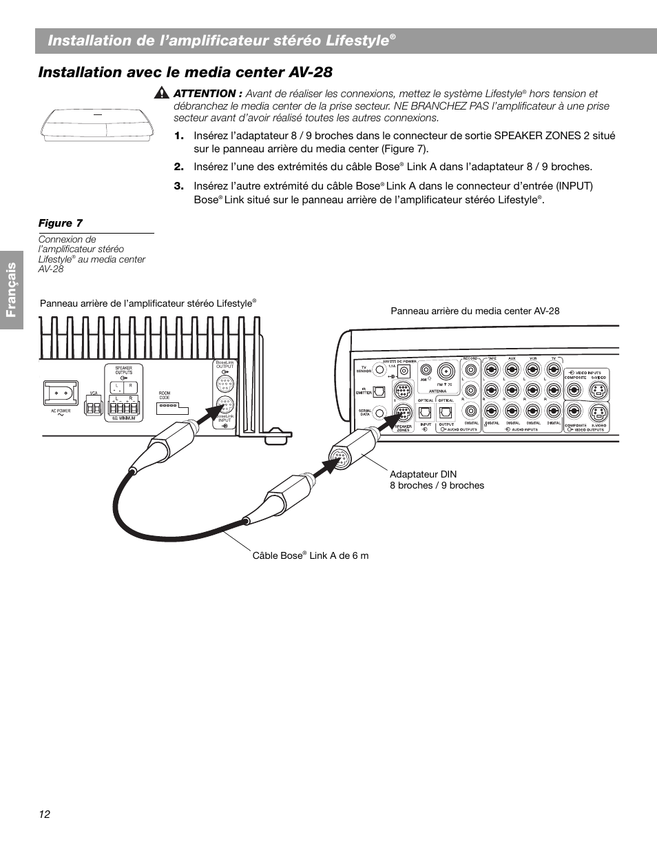 Installation de l’amplificateur stéréo lifestyle, Installation avec le media center av-28, Fr ança is | Bose SA-2 User Manual | Page 70 / 88
