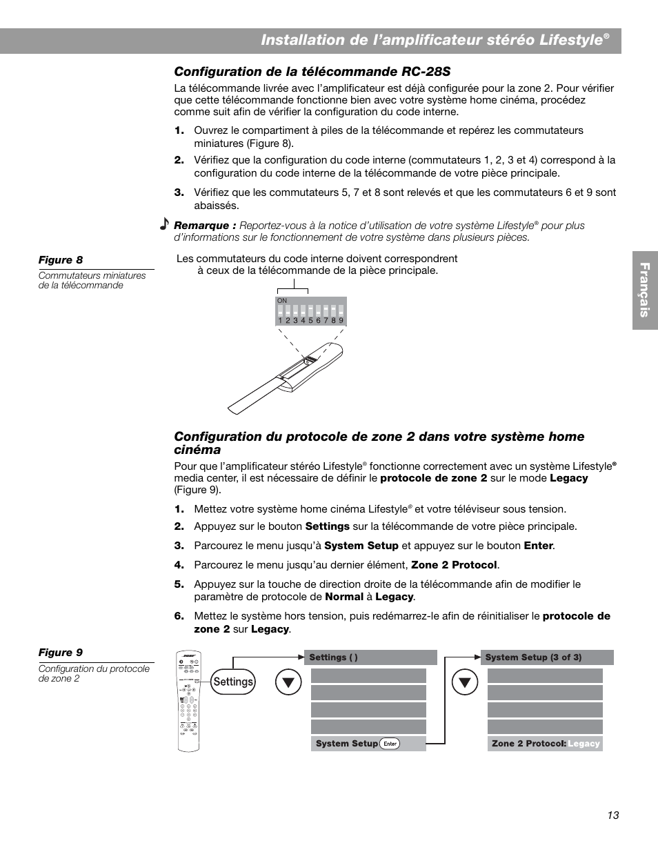 Installation de l’amplificateur stéréo lifestyle, Fr ança is configuration de la télécommande rc-28s | Bose SA-2 User Manual | Page 71 / 88