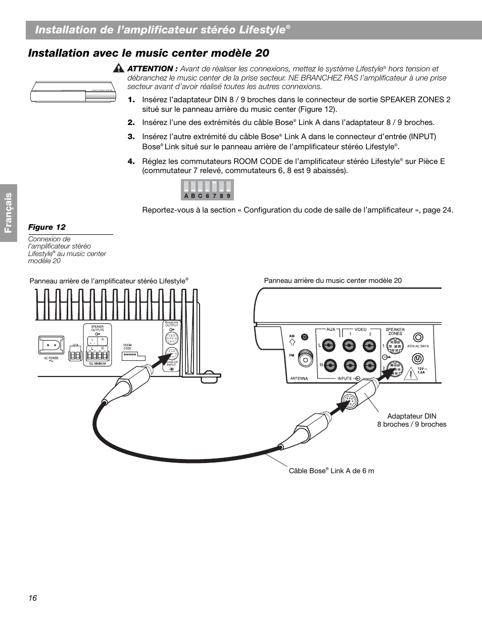 Installation de l’amplificateur stéréo lifestyle, Installation avec le music center modèle 20, Fr ança is | Bose SA-2 User Manual | Page 74 / 88