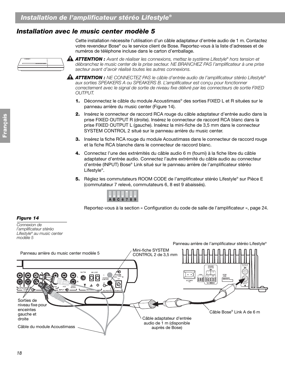 Installation de l’amplificateur stéréo lifestyle, Installation avec le music center modèle 5, Fr ança is | Bose SA-2 User Manual | Page 76 / 88