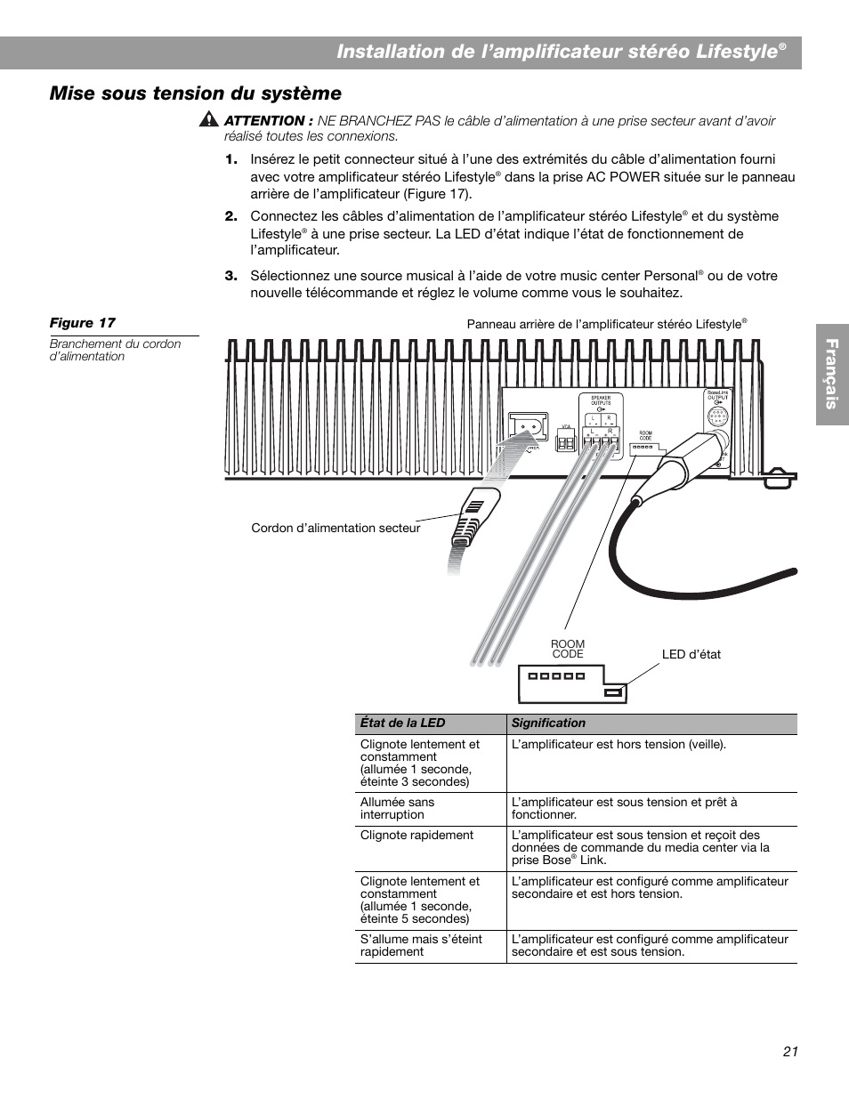 Installation de l’amplificateur stéréo lifestyle, Mise sous tension du système, Fr ança is | Bose SA-2 User Manual | Page 79 / 88