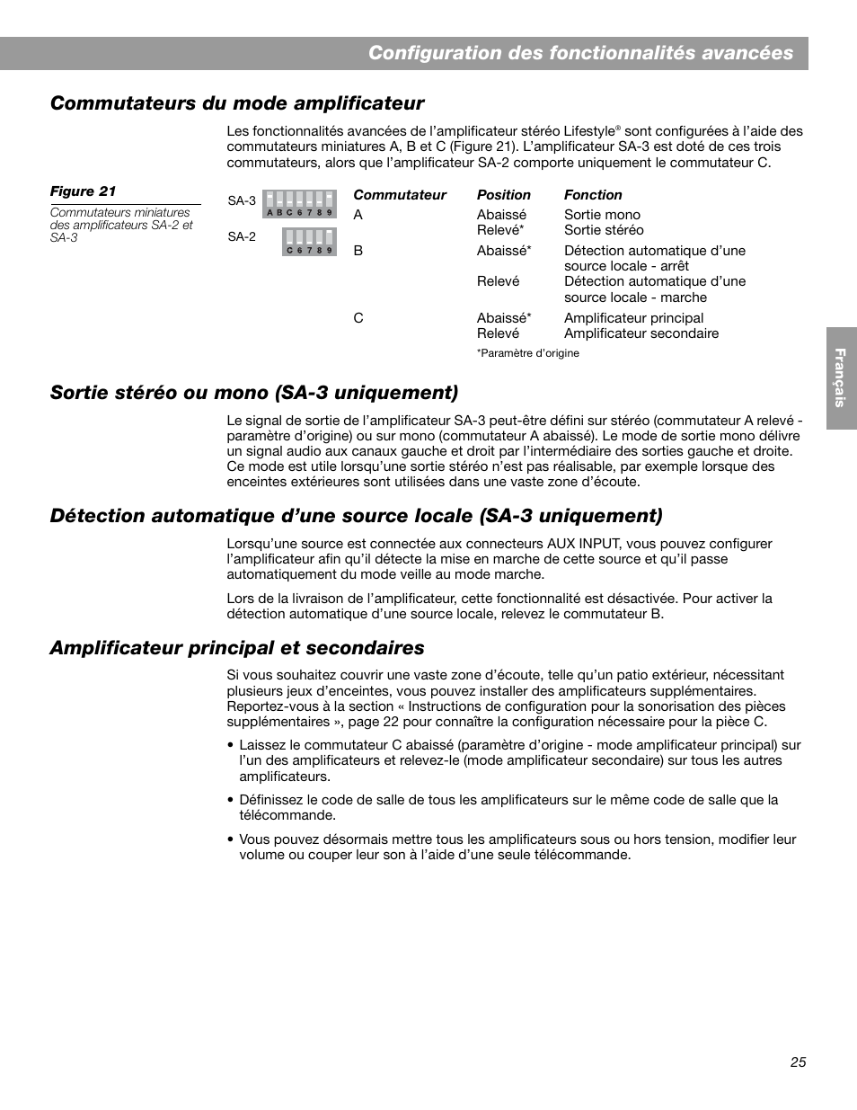 Sortie stéréo ou mono (sa-3 uniquement), Amplificateur principal et secondaires | Bose SA-2 User Manual | Page 83 / 88