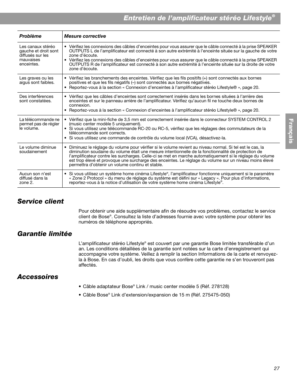 Entretien de l’amplificateur stéréo lifestyle, Service client, Garantie limitée | Accessoires, Fr ança is | Bose SA-2 User Manual | Page 85 / 88