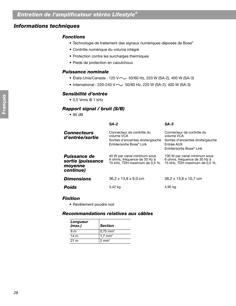 Entretien de l’amplificateur stéréo lifestyle, Informations techniques | Bose SA-2 User Manual | Page 86 / 88