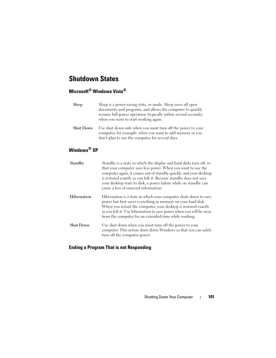 Shutdown states, Microsoft® windows vista, Windows® xp | Ending a program that is not responding, Microsoft, Windows | Dell Inspiron 14R (N4010, Early 2010) User Manual | Page 101 / 354