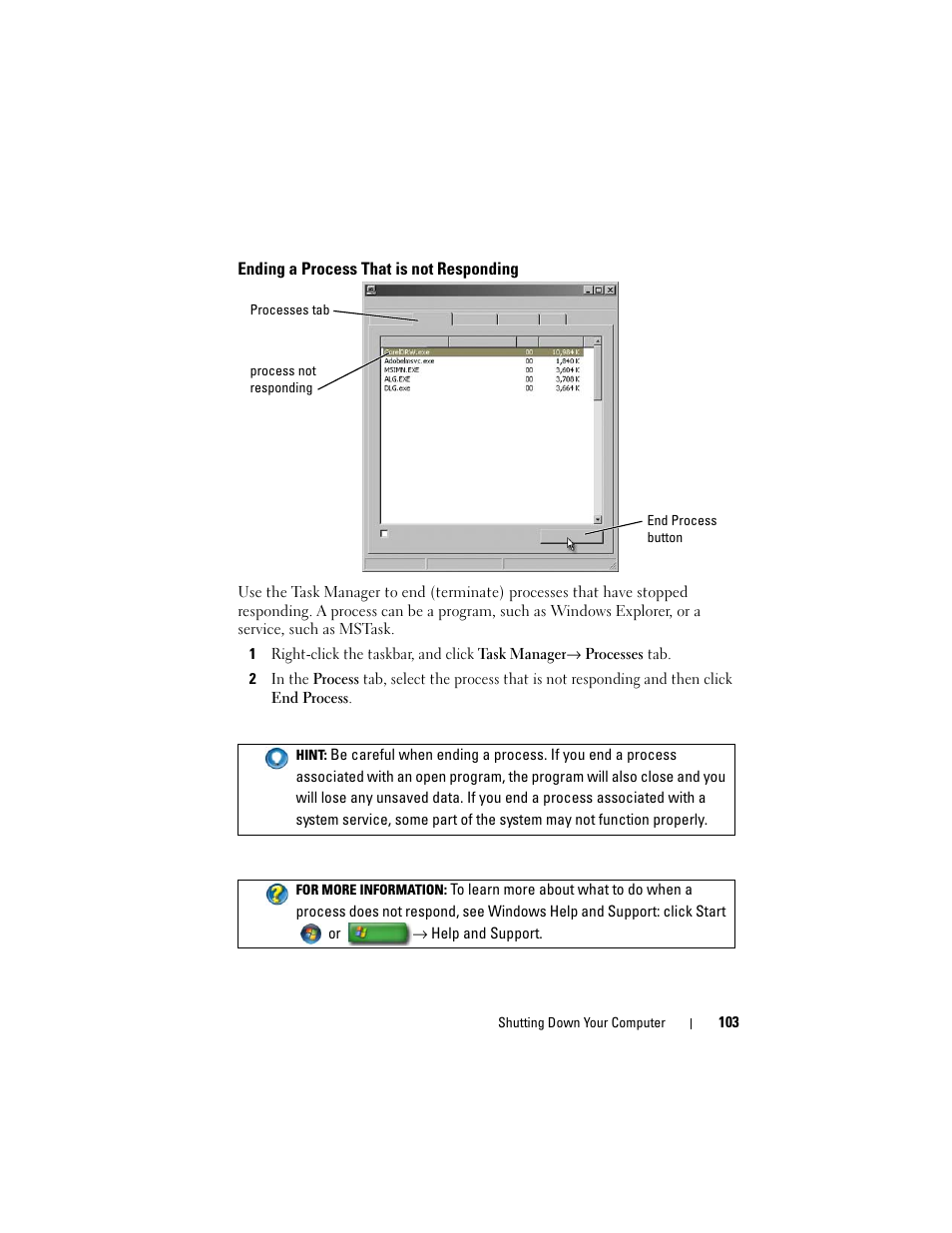 Ending a process that is not responding | Dell Inspiron 14R (N4010, Early 2010) User Manual | Page 103 / 354