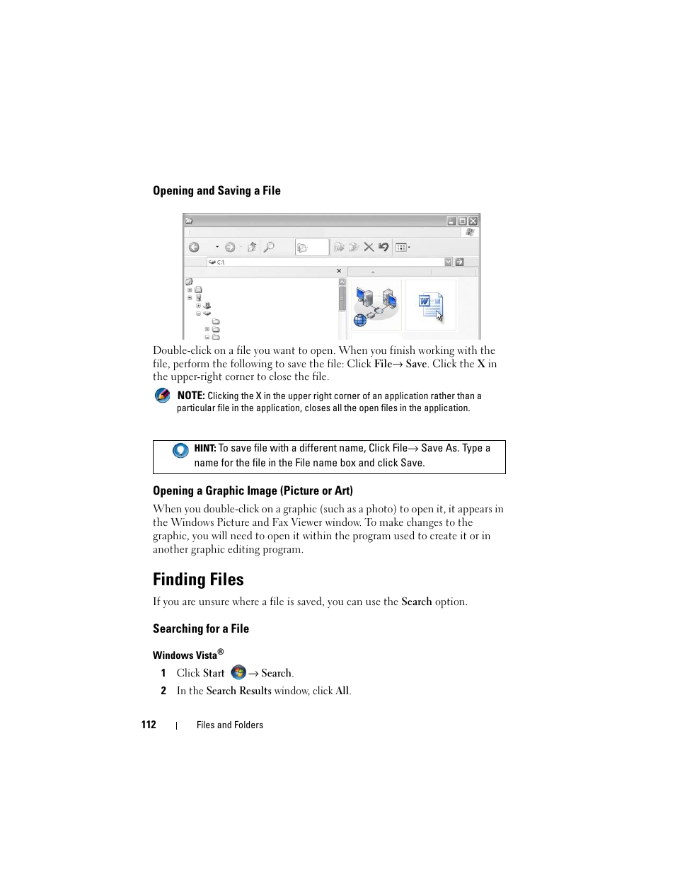 Opening and saving a file, Opening a graphic image (picture or art), Finding files | Searching for a file | Dell Inspiron 14R (N4010, Early 2010) User Manual | Page 112 / 354