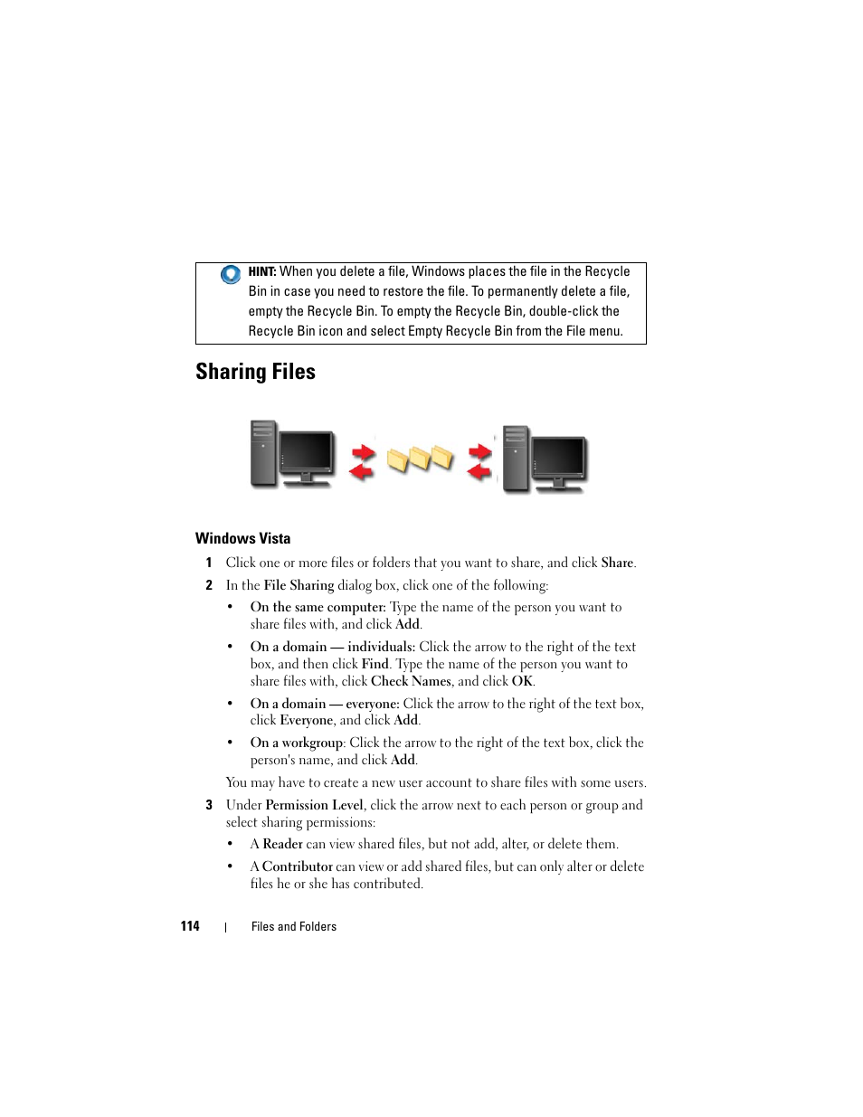 Sharing files, Windows vista | Dell Inspiron 14R (N4010, Early 2010) User Manual | Page 114 / 354