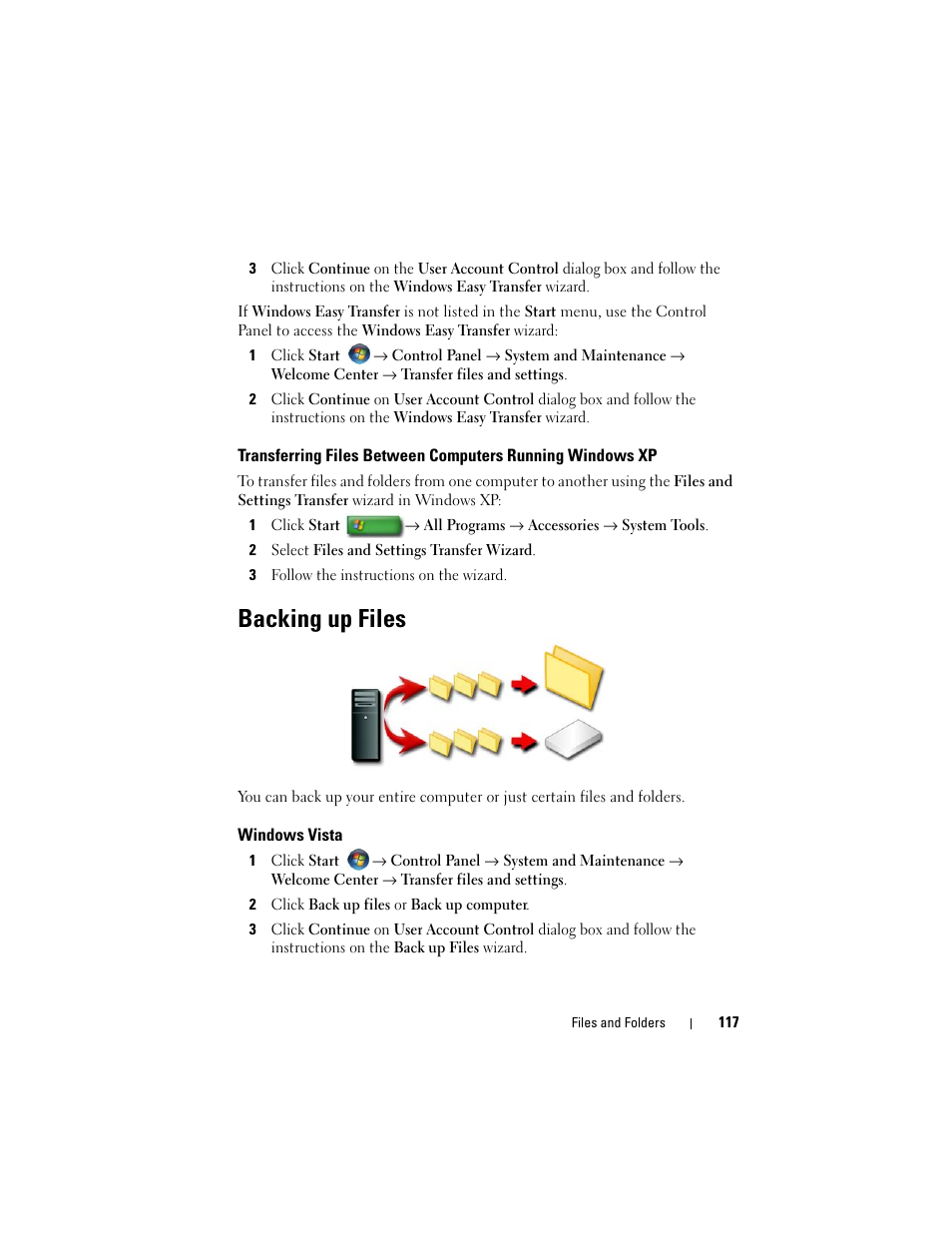 Backing up files, Windows vista | Dell Inspiron 14R (N4010, Early 2010) User Manual | Page 117 / 354