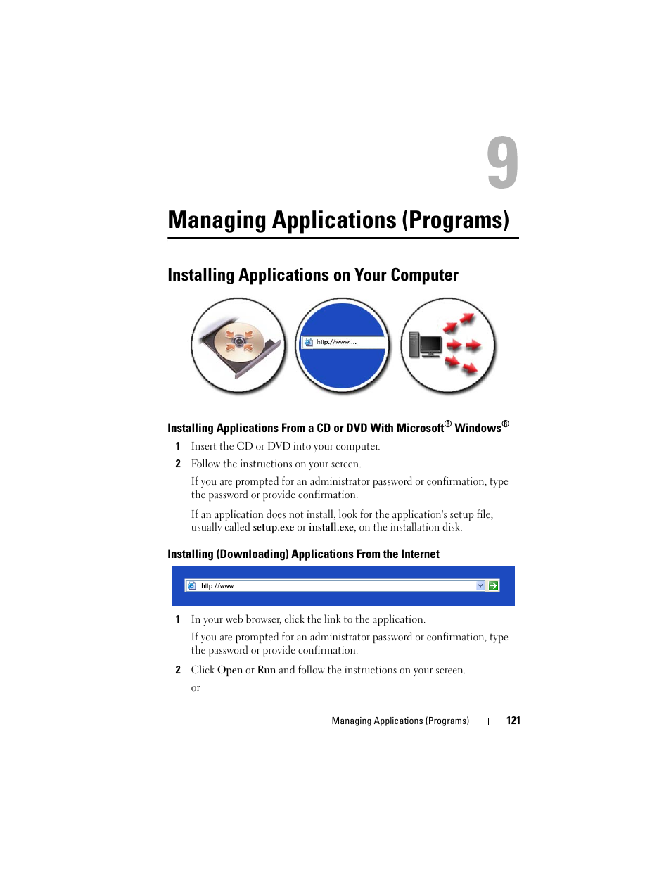 Managing applications (programs), Installing applications on your computer | Dell Inspiron 14R (N4010, Early 2010) User Manual | Page 121 / 354