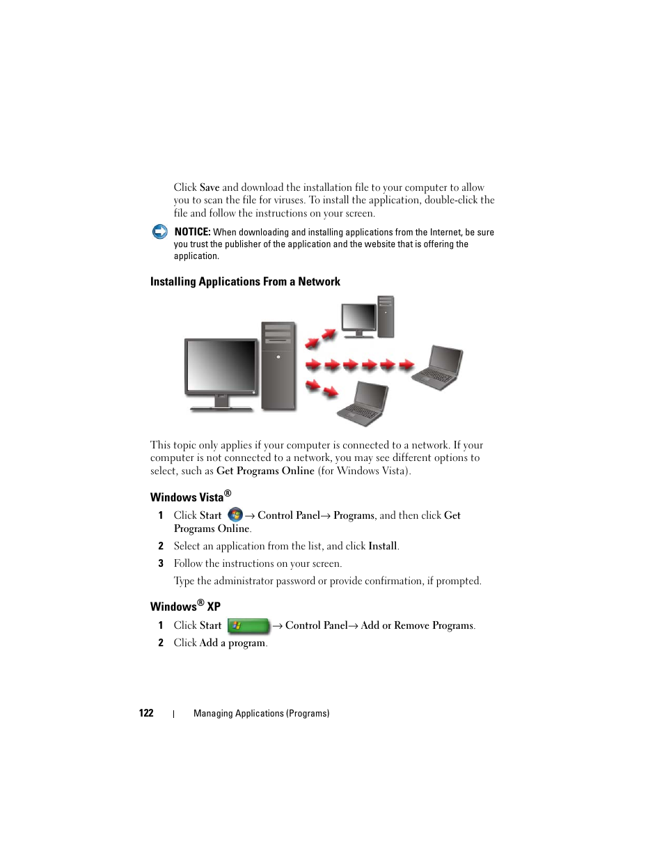 Installing applications from a network, Windows vista, Windows® xp | Windows | Dell Inspiron 14R (N4010, Early 2010) User Manual | Page 122 / 354