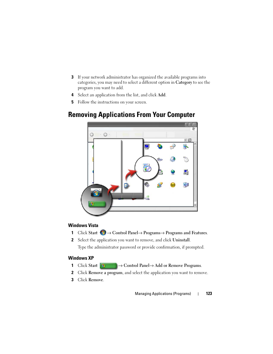 Removing applications from your computer, Windows vista, Windows xp | Dell Inspiron 14R (N4010, Early 2010) User Manual | Page 123 / 354