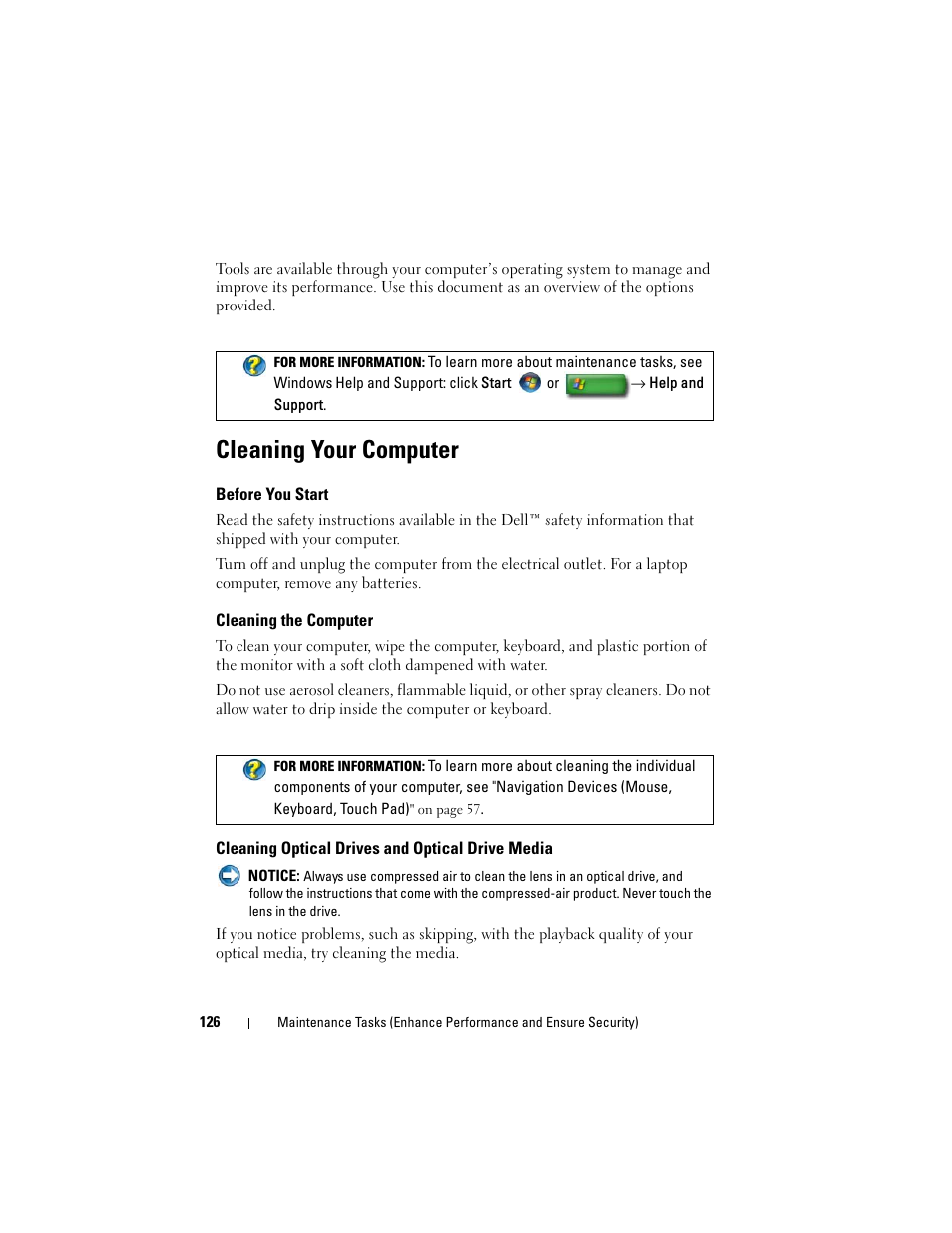 Cleaning your computer, Before you start, Cleaning the computer | Cleaning optical drives and optical drive media | Dell Inspiron 14R (N4010, Early 2010) User Manual | Page 126 / 354