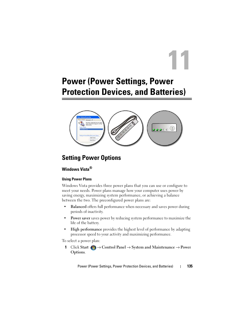 Setting power options, Windows vista, Power (power settings, power | Protection devices, and batteries) | Dell Inspiron 14R (N4010, Early 2010) User Manual | Page 135 / 354