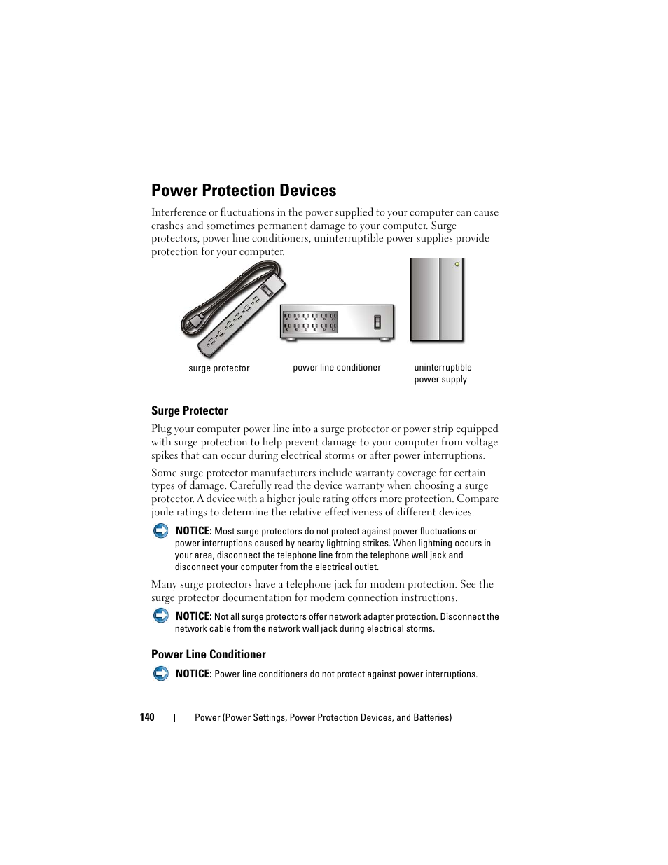 Power protection devices, Surge protector, Power line conditioner | Dell Inspiron 14R (N4010, Early 2010) User Manual | Page 140 / 354