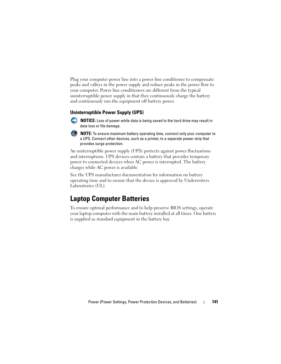 Uninterruptible power supply (ups), Laptop computer batteries | Dell Inspiron 14R (N4010, Early 2010) User Manual | Page 141 / 354