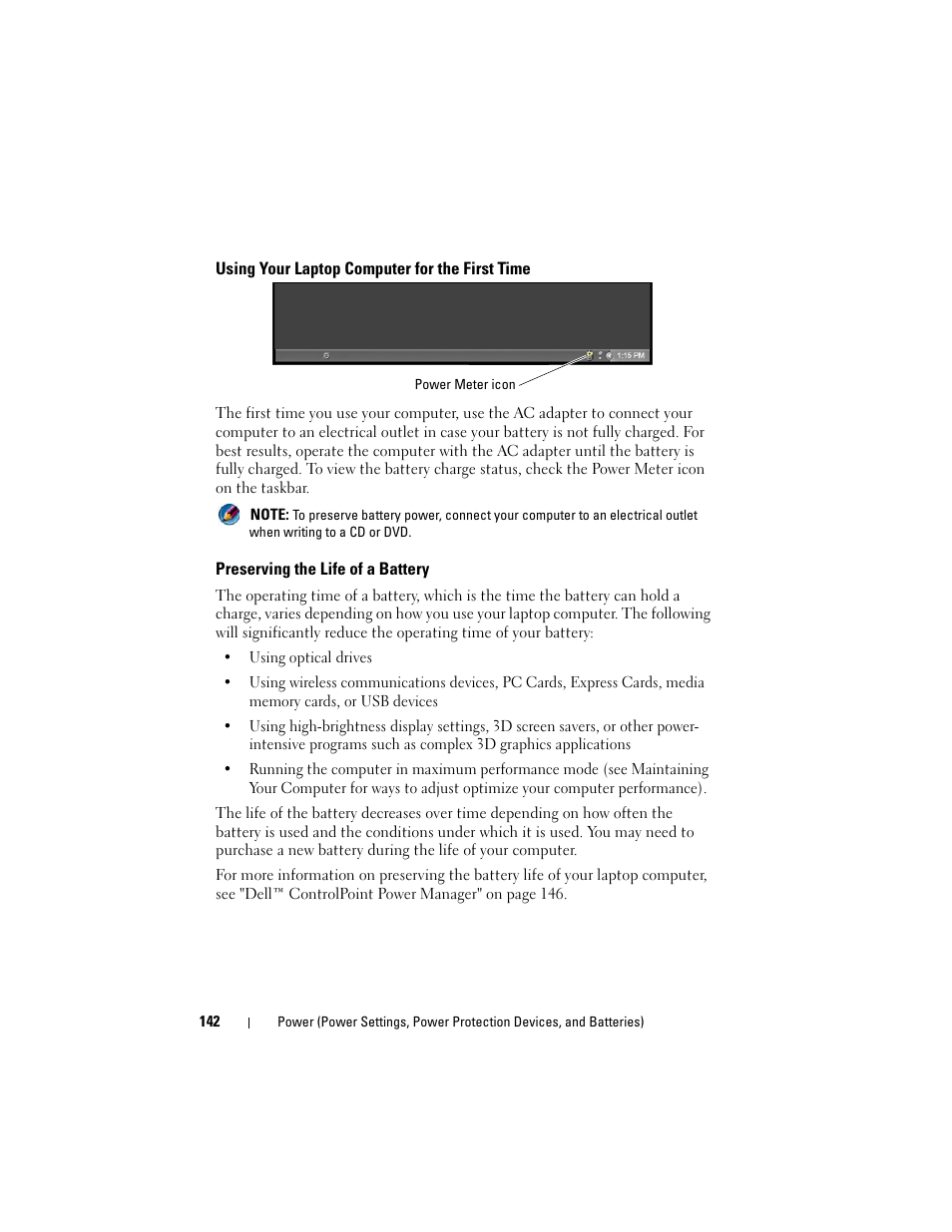 Using your laptop computer for the first time, Preserving the life of a battery | Dell Inspiron 14R (N4010, Early 2010) User Manual | Page 142 / 354