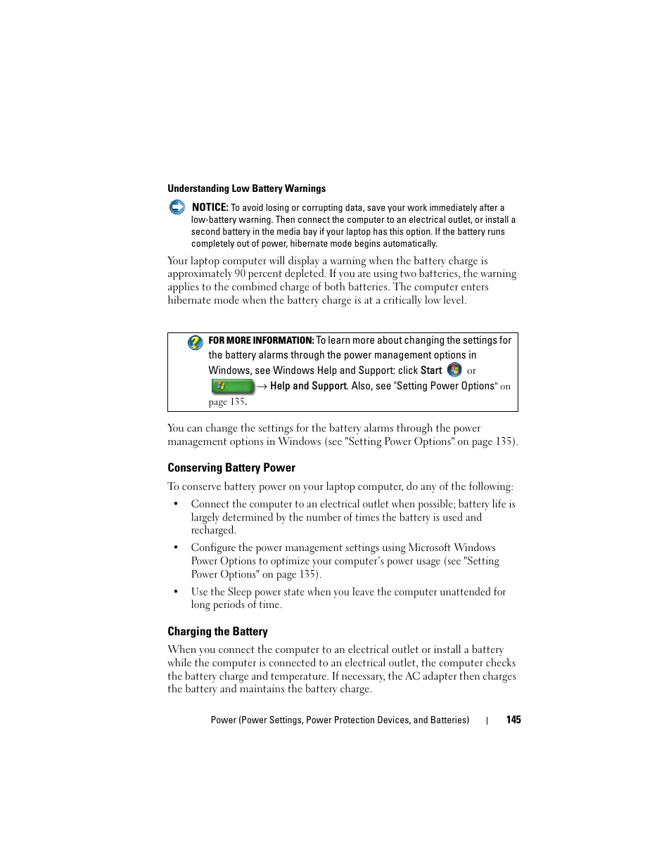 Conserving battery power, Charging the battery | Dell Inspiron 14R (N4010, Early 2010) User Manual | Page 145 / 354