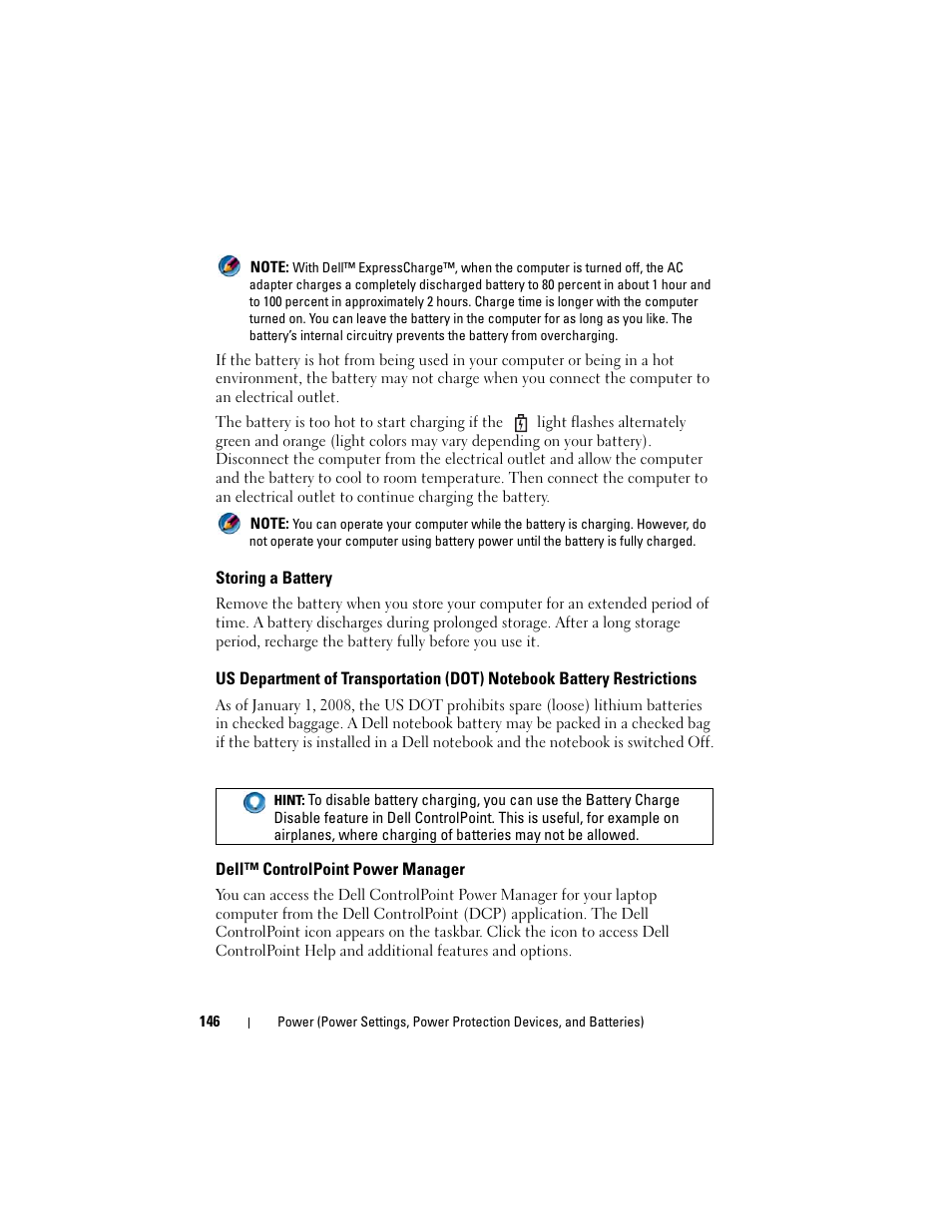 Storing a battery, Dell™ controlpoint power manager | Dell Inspiron 14R (N4010, Early 2010) User Manual | Page 146 / 354