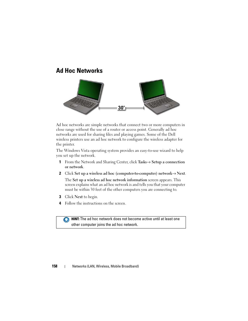 Ad hoc networks | Dell Inspiron 14R (N4010, Early 2010) User Manual | Page 158 / 354