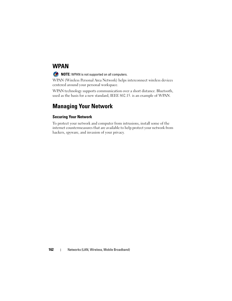 Wpan, Managing your network, Securing your network | Dell Inspiron 14R (N4010, Early 2010) User Manual | Page 162 / 354