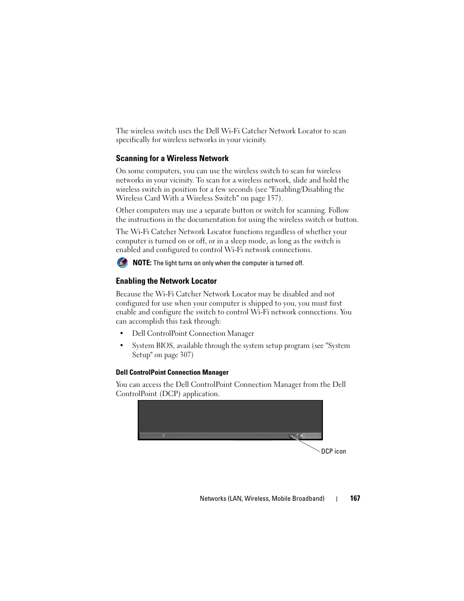 Scanning for a wireless network, Enabling the network locator | Dell Inspiron 14R (N4010, Early 2010) User Manual | Page 167 / 354