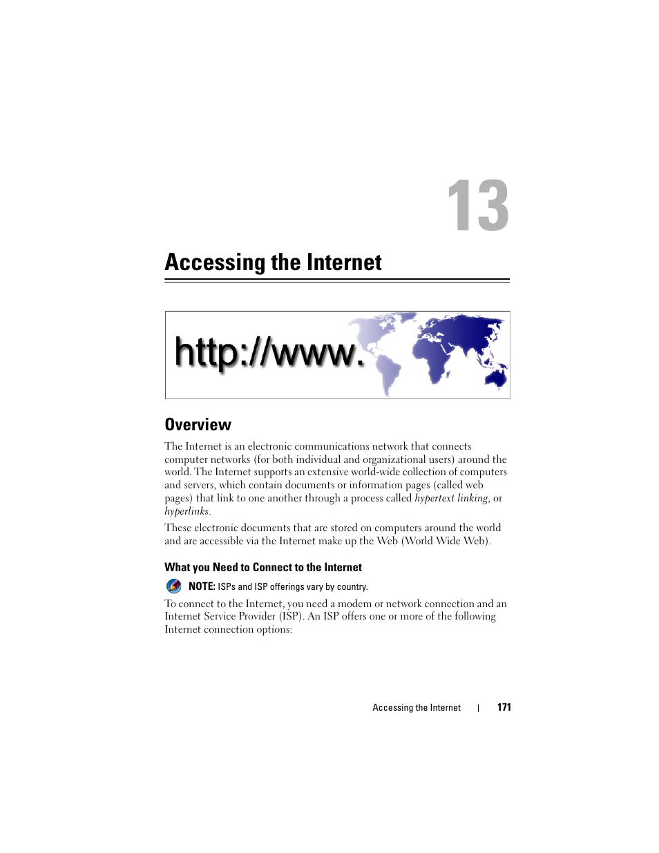 Accessing the internet, Overview, What you need to connect to the internet | Dell Inspiron 14R (N4010, Early 2010) User Manual | Page 171 / 354