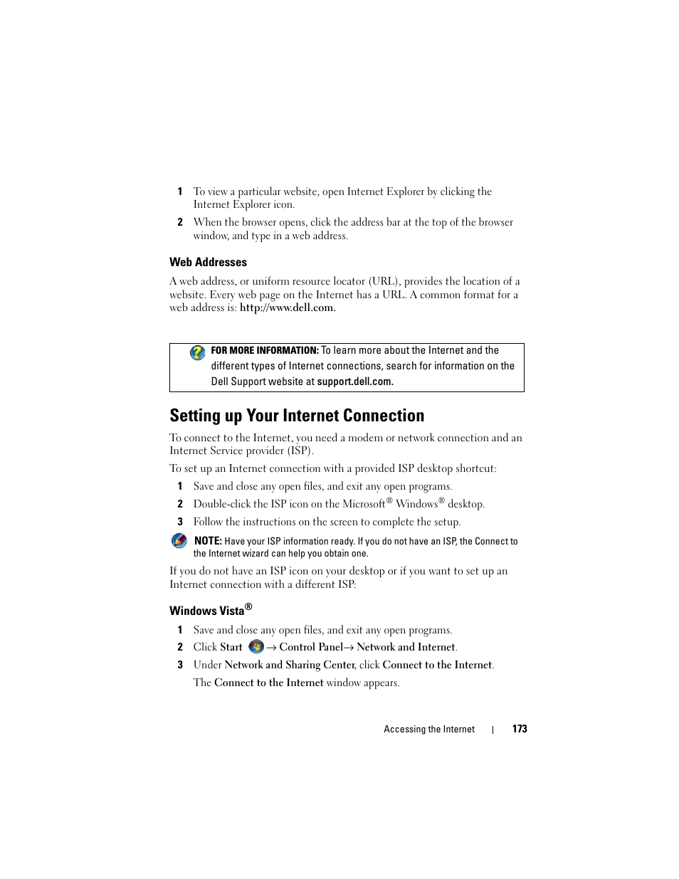 Web addresses, Setting up your internet connection, Windows vista | Dell Inspiron 14R (N4010, Early 2010) User Manual | Page 173 / 354