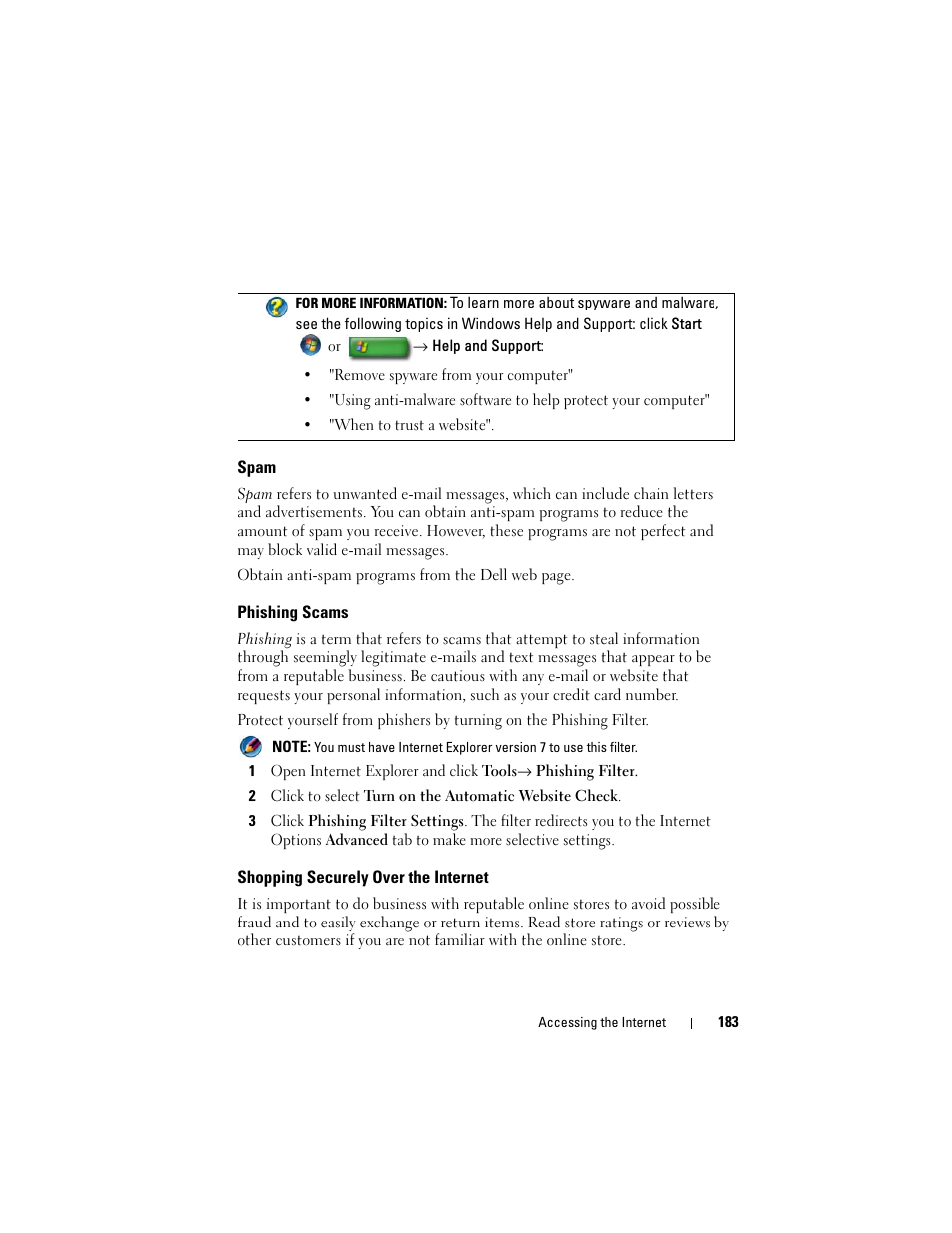 Spam, Phishing scams, Shopping securely over the internet | Dell Inspiron 14R (N4010, Early 2010) User Manual | Page 183 / 354