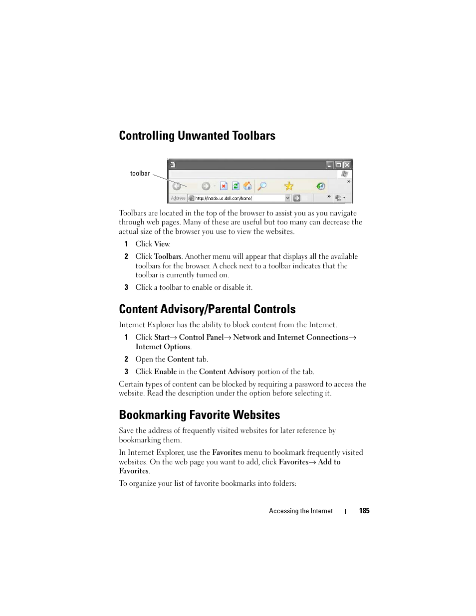 Controlling unwanted toolbars, Content advisory/parental controls, Bookmarking favorite websites | Dell Inspiron 14R (N4010, Early 2010) User Manual | Page 185 / 354