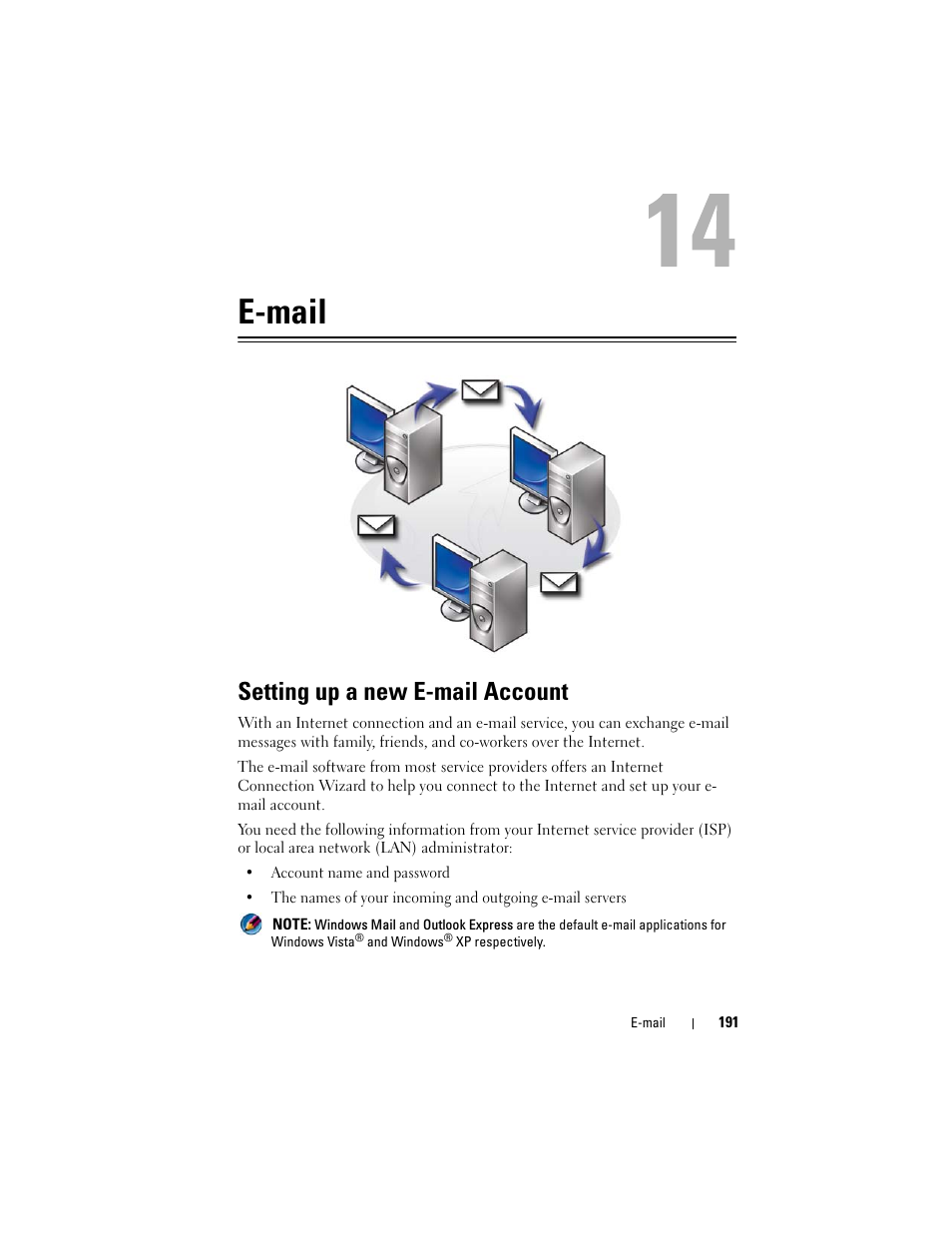 E-mail, Setting up a new e-mail account | Dell Inspiron 14R (N4010, Early 2010) User Manual | Page 191 / 354