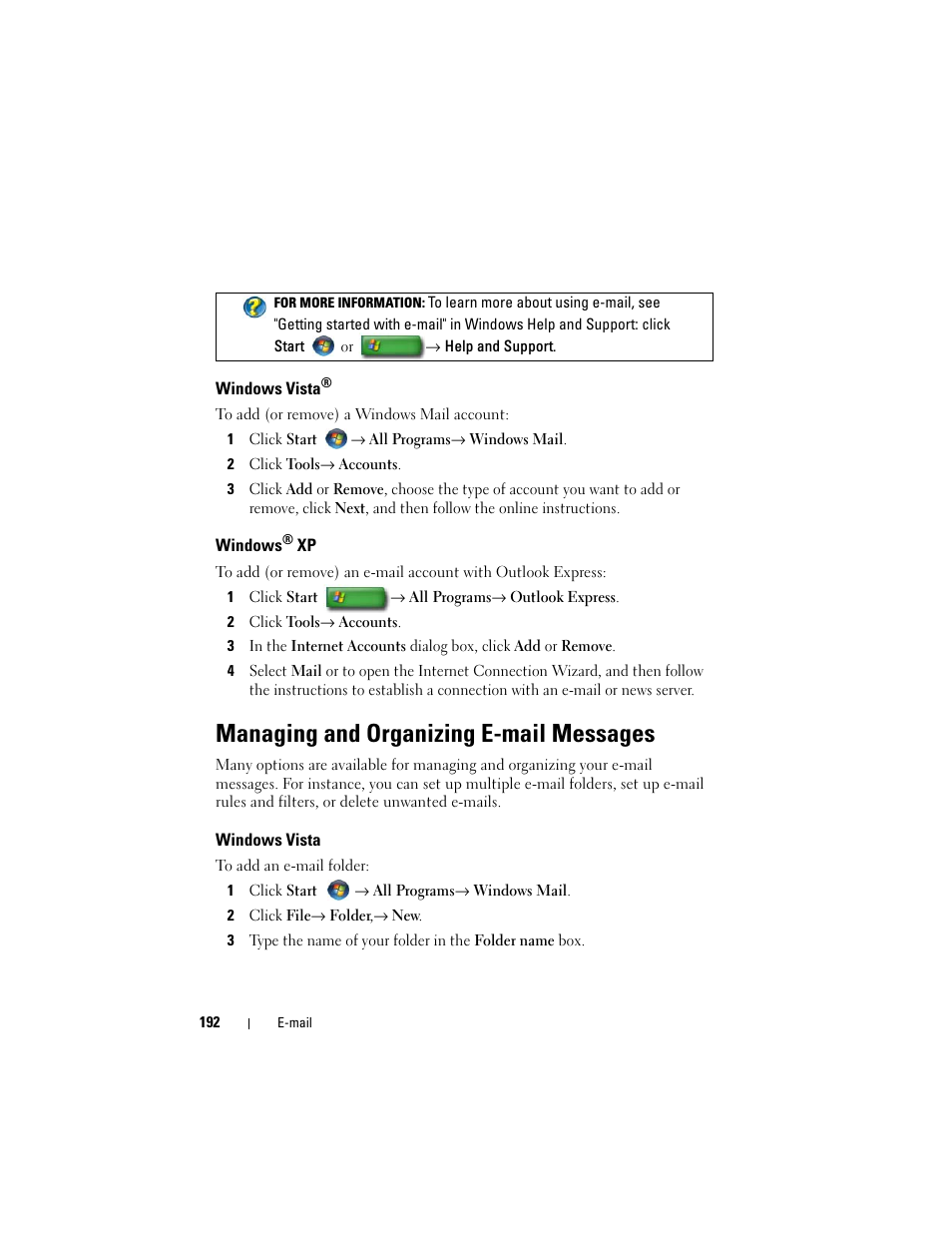 Windows vista, Windows® xp, Managing and organizing e-mail messages | Windows | Dell Inspiron 14R (N4010, Early 2010) User Manual | Page 192 / 354