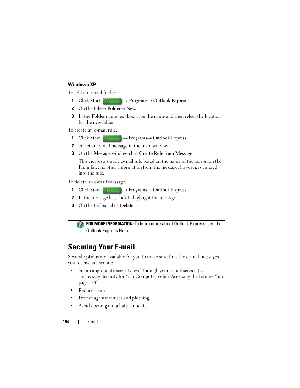 Windows xp, Securing your e-mail | Dell Inspiron 14R (N4010, Early 2010) User Manual | Page 194 / 354