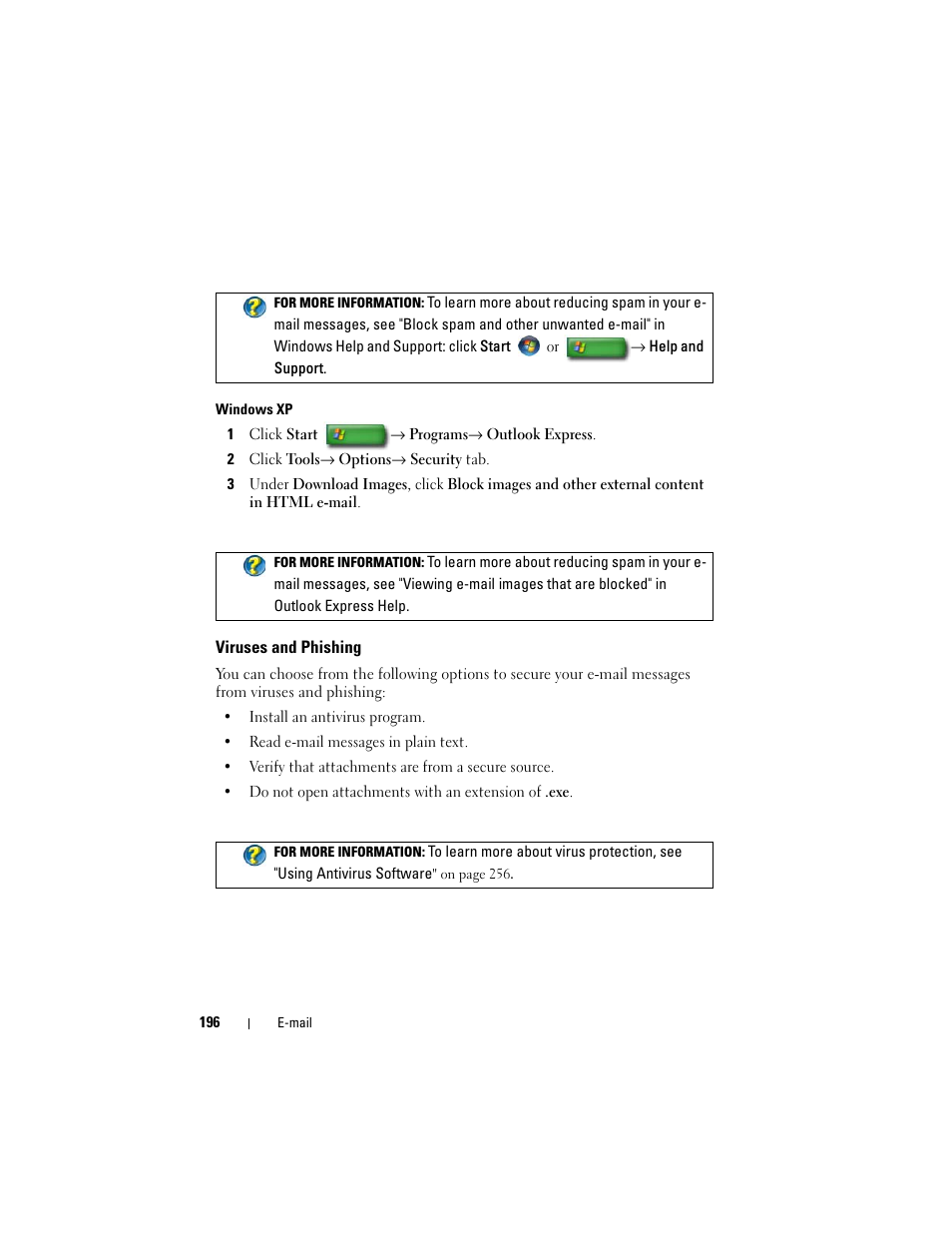 Viruses and phishing | Dell Inspiron 14R (N4010, Early 2010) User Manual | Page 196 / 354