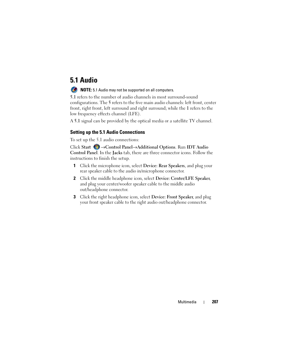 1 audio, Setting up the 5.1 audio connections | Dell Inspiron 14R (N4010, Early 2010) User Manual | Page 207 / 354