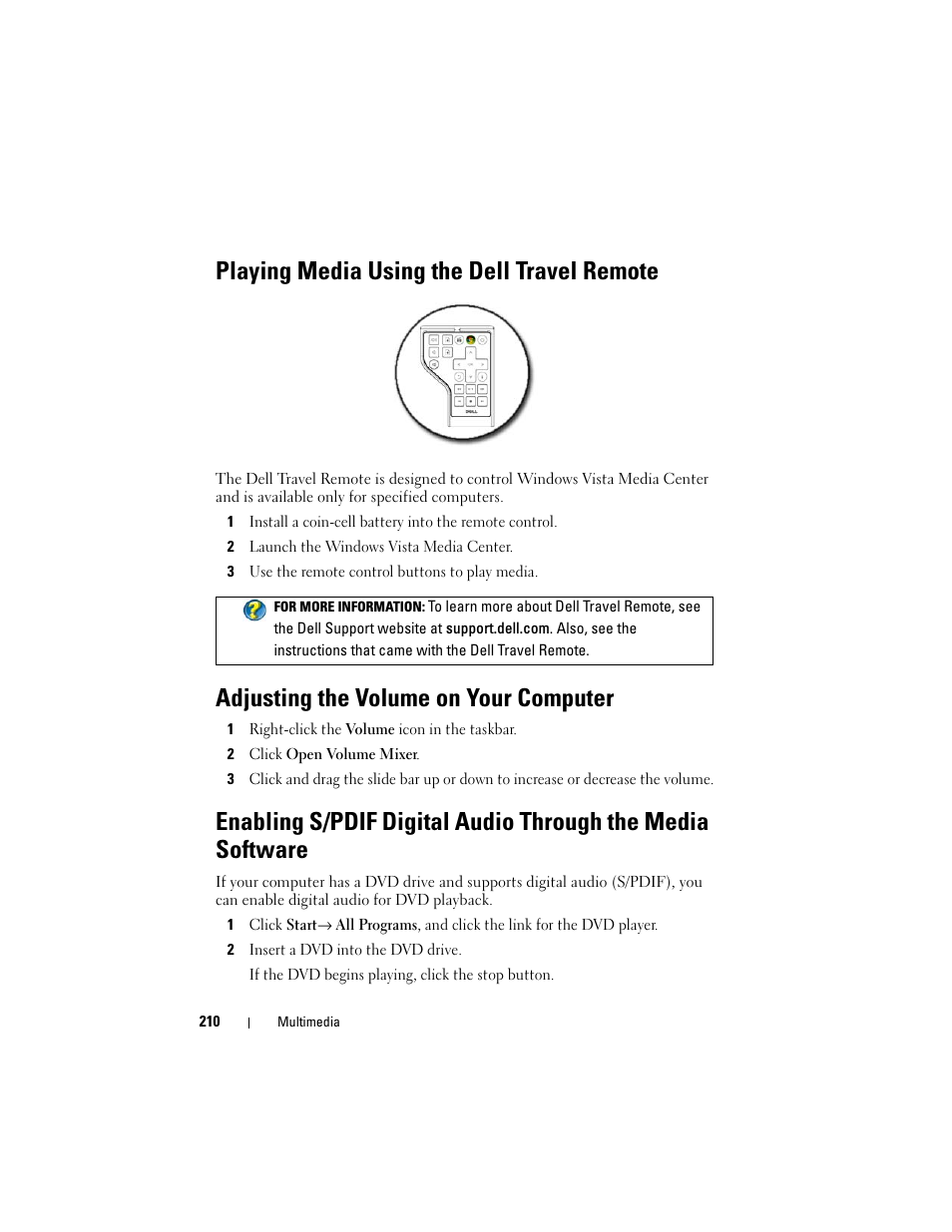 Playing media using the dell travel remote, Adjusting the volume on your computer | Dell Inspiron 14R (N4010, Early 2010) User Manual | Page 210 / 354