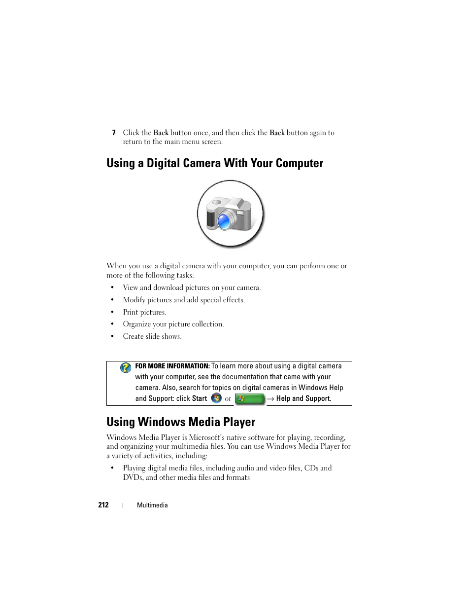 Using a digital camera with your computer, Using windows media player | Dell Inspiron 14R (N4010, Early 2010) User Manual | Page 212 / 354